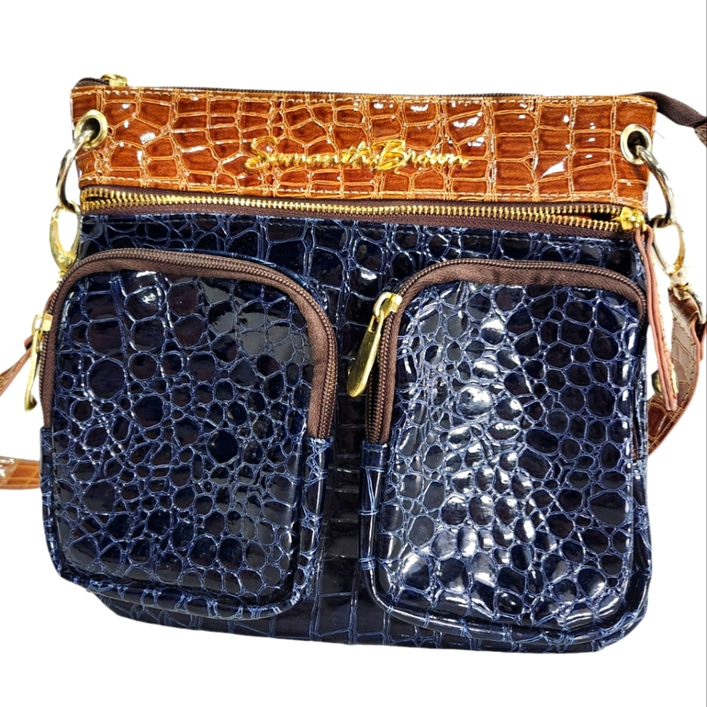 Samantha Brown Blue & Brown Croc Embossed Crossbody Purse